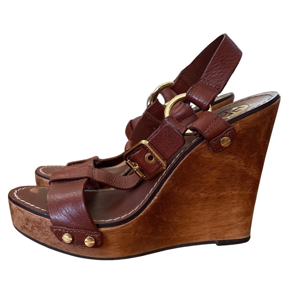 Tory Burch Wedge Sandals Women Brown Leather Wood Platform Boho SIZE 7M